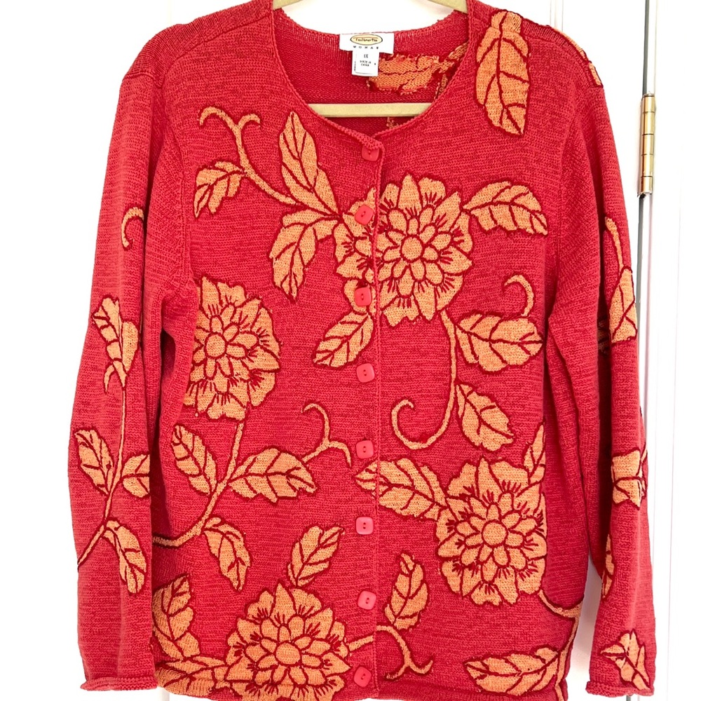 Vintage Talbots Cardigan with Floral Design in Red/Orange and Orange